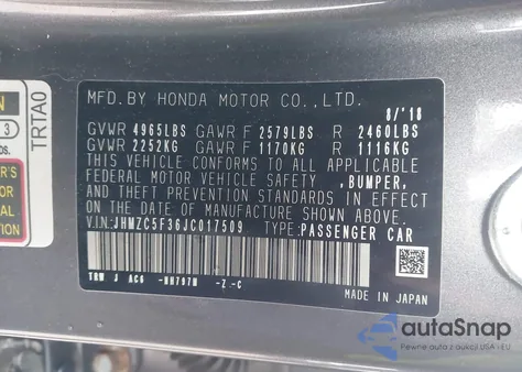 2018 Honda Clarity Plug-In Hybrid Touring из США, поврежденный, VIN JHMZC5F36JC017509